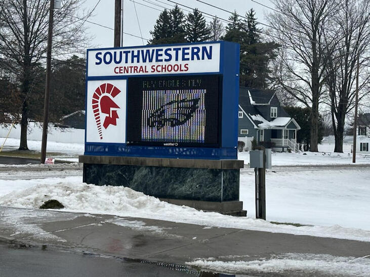 The Philadelphia Eagles’ logo is pictured on an electronic billboard.