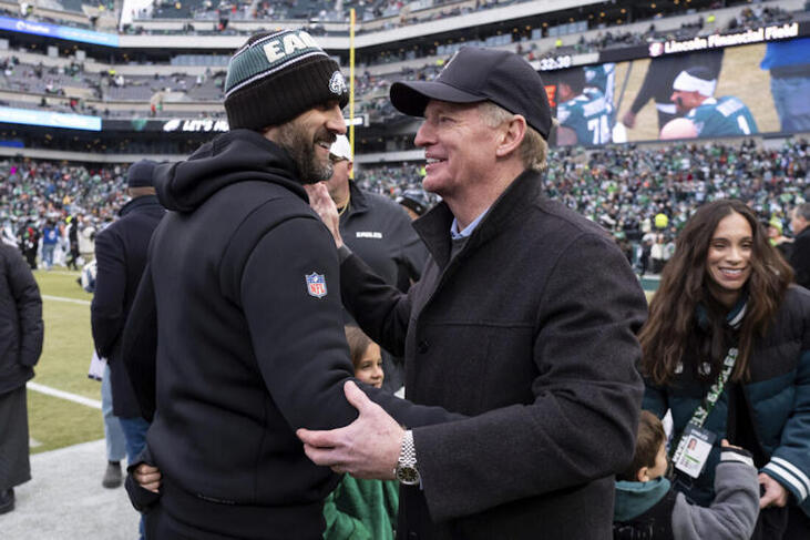 Philadelphia Eagles head coach Nick Sirianni, left, talks with NFL Commissioner and fellow Jamestown native, Roger Goodell.