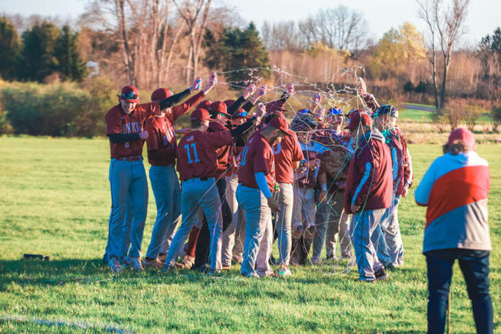 Dunkirk baseball head coach Frank Jagoda is covered in Silly String.