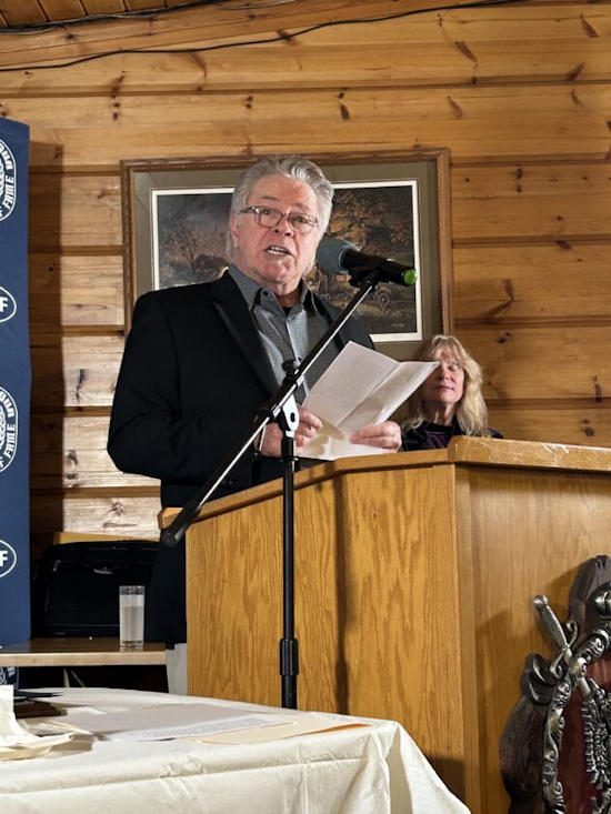 Bill Dimmer delivers his speech on behalf of Chautauqua Sports Hall of Fame Class of 2026 inductee Dan Wolfe on Monday night at th Lakewood Rod & Gun Club. P-J photo by Scott Kindberg