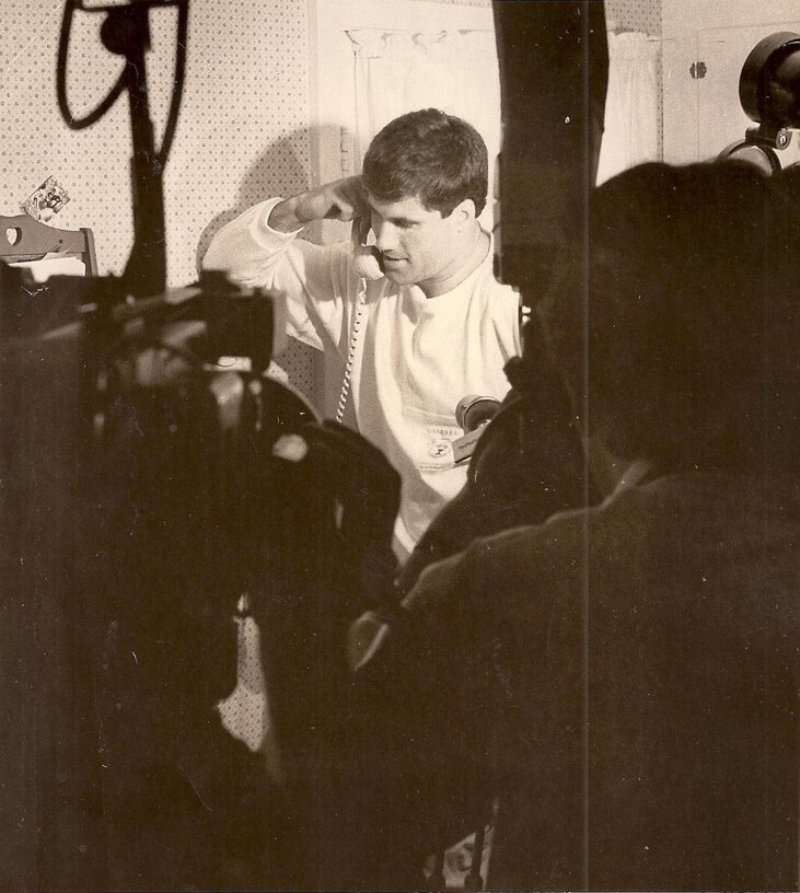 In this April 1987 file photo, Shane Conlan receives a phone call from the Buffalo Bills after he was selected with the eighth pick in the first round of the NFL draft. P-J file photo.