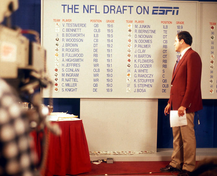 ESPN’s Chris Berman looks at the 1987 draft board. Frewsburg native Shane Conlan was graded 10th overall and was ultimately selected No. 8 in the first round by the Bills. AP photo.