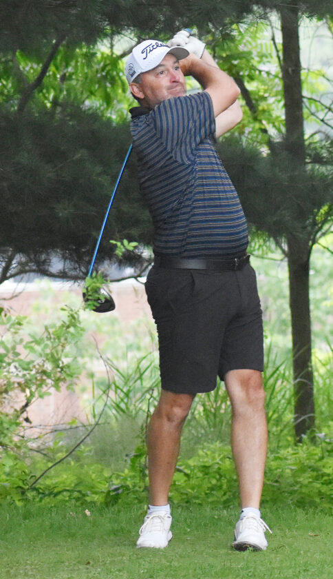 Nolan Swanson watches one of his tee shots en route to a 3-over 74 and the Riggs Memorial Champions title at Conewango Valley Country Club on Sunday.