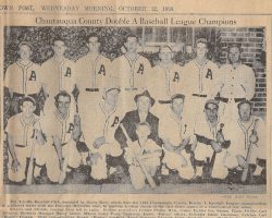 Leo Squinn is second from the left in the bottom row. 1938 County League Class AA Champions. <em>Jamestown Post</em>, October 12,1938.
News clipping courtesy Larry Ross. 1938 County League Class AA Champions. Leo Squinn is second from the left in the bottom row.