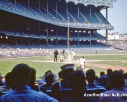Yankee Stadium, Bronx, New York. Mickey Mantle on deck, Irv Noren at the plate. Yankees v. St. Louis Browns, June 17, 1953. Photo courtesy David B. Stinson. Irv Noren at bat at Yankee Stadium. Mickey Mantle is on deck. June 17, 1953.