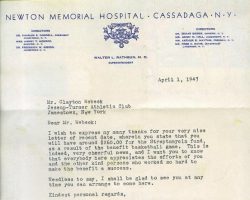 1947 Newton Memorial Hospital letter of thanks Cassadaga Hospital 4-1-47