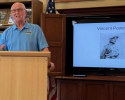 Randy Anderson gives a presentation at the Ellington Library on CSHOF inductee Vincent Powers, May 19, 2026. Photo by Greg Peterson. Randy Anderson gives a presentation at the Ellington Library.