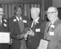 George Hale on right, at his CSHOF induction with guest speaker Bill White and fellow 1987 inductees Jack Lawrence on left and Harry Martenson, second from right.
