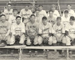 Jamestown Boosters Baseball Team (NYS Semi-pro champions)Front row: Carl "Rogue" Rosean, Jim Rodgers, Ralph Mee, Walt Brown, Irv Carlson, Roger Dubois. Middle Row: Duane Shaffer, Bobby Brownell, Warren Mee, Joe Nagle. Back Row: Leo Squinn, Harold "Lefty" Pratt, Les James, Kenny "Murph" Johnson, Lou Brown. 1944. Photo courtesy of Del Mee. Jamestown Boosters Baseball Team (NYS Semi-pro champions). 1944.