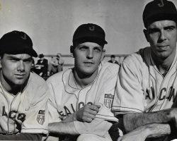 Lyle Parkhurst, Charles Schupp &amp; Chuck Medlar (left to right),  Jamestown Falcons at Municipal Stadium. 1942.