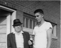 Frank Hyde with unidentified Jamestown Tigers player at College Stadium, 1965.