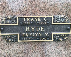 Frank and Evelyn Hyde burial marker, Sunset Hill Cemetery, Lakewood, NY.