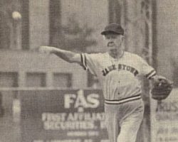 Harry Martenson, starting pitcher for the Senior Reds, makes a delivery during the Jametown and Area Old Timers annual Red-Blue double-header in 1984 at College Stadium. The Senior Reds won 12-7. Photo
courtesy the <em>Post-Journal</em>, (Jamestown). Harry Martenson.