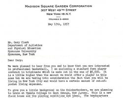 Correspondence from New York Knicks. Page 1. May 17, 1957.