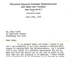 Correspondence from New York Knicks.  June 17, 1957.