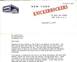 Correspondence from New York Knicks.  September 11, 1957.