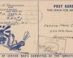 Post card back. Clayt Webeck was very involved with the Service Men's Committee of the Jamestown Area during WWII. This post card was sent by a soldier February 8, 1944. Post card, February 8, 1944.