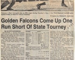 Golden Falcons Come Up One Run Short Of State Tourney. <em>Post-Journal</em> (Jamestown), June 4, 1997. Golden Falcons Come Up One Run Short Of State Tourney. June 4, 1997.