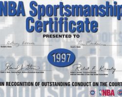 Anthony Barone. NBA Sportsman Certificate. 1997.