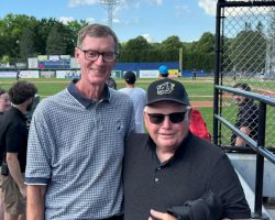 Donn Johnston and Greg Peterson, 1969 JHS graduates and CSHOF inductees renew acquaintances at the June 27, 2026 Tarp Skunks game at Diethrick Park. Donn Johnston and Greg Peterson, 1969 JHS graduates.