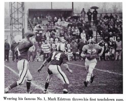 Mark Edstrom throws a touchdown pass for Jamestown High School. 1969. Mark Edstrom throws a touchdown pass for Jamestown High School. 1969.