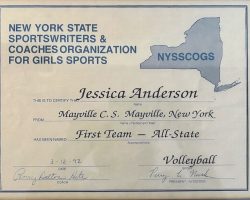 Jessica Anderson, first team NYS volleyball certificate. 1992. Jessica Anderson, first team NYS volleyball.