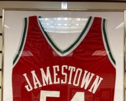 Justin Johnson's retired JHS jersey displayed at the CSHOF. Justin Johnson jersey.