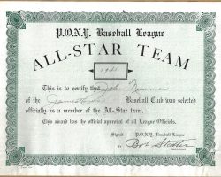 1941 P.O.N.Y. Baseball League All-Star Team certificate awarded to John Newman. 1941 P.O.N.Y. Baseball League All-Star Team certificate awarded to John Newman.