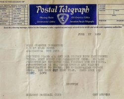 Walt Brown's telegram to Francis with information about their wedding. Brown t oBurroughs telegram 6-17-39