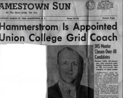 Hammerstrom Is Appointed Union College Grid Coach. Page 1. <em>Jamestown Sun</em>. March 27, 1950. Hammerstrom Is Appointed Union College Grid Coach. Page 1. March 27, 1950.