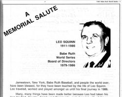 Leo Squinn tribute in 1987 Babe Ruth World Series program. Leo Squinn tribute in 1987 Babe Ruth World Series program.