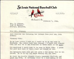 St. Louis National Baseball Club letter to John Newman's mother, page 1. February 7, 1946. St. Louis National Baseball Club letter to John Newman's mother, page 1. February 7, 1946.