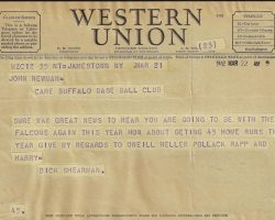 Telegram to John Newman from Dick Shearman. March 21, 1942. Telegram to John Newman from Dick Shearman. March 21, 1942.