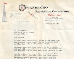 Owensboro Recreation Corp. contract transfer letter to John Newman. December 26, 1939. Owensboro Recreation Corp. contract transfer letter to John Newman. December 26, 1939.