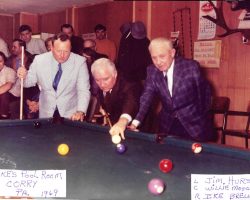 Jim Hurst, Willie Mosconi, and Ike Brewer at Ike's Pool Room in Corry, PA. 1969.