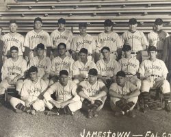 1941 Jamestown Falcons. Top row (left to right): Harry Bisgeier (owner), Johnny Newman, Dick Schmidt, Walt Balash, Pete Angell, Frank Carswell, Frank Smrekar, Earl Rapp, Samuel Amico (business manager) Middle row: Wilbur Hardin, Johnny O'Neil, Frank Heller, Greg Mulleavy (manager), Stan Rogola, Allen Haskell, Duane Shaffer Bottom row: Johnny Pollock, Bob Swanson, Ray Borowicz, Jack Gallagher (batboy).