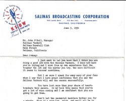 Letter from Salinas Broadcasting to John O'Neil. June 5, 1954.