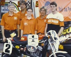 Left to right Paul Higbee, Jim Buzzard, Bridgett Higbee, Rose Higbee, Shawn Higbee, taken at Atlanta, GA, 1994 after winning Harley-Davidson 883 Twin Sports division point championship.