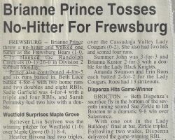Brianne Prince Tosses No-Hitter For Frewsburg. <em>Post-Journal</em> (Jamestown), 1995.
