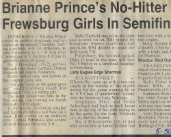 Brianne Prince's No-Hitter Puts Frewsburg Girls In Semifinals. May 30, 1996.
