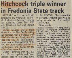 Hitchcock triple winner in Fredonia State track. 1993.