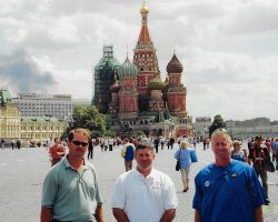 Kerry Kellogg (left) with Joe Brown and Bill Breene in Moscow for a SUNY baseball all-star team, 2002.