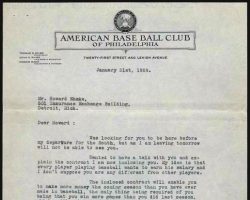 Connie Mack's contract offer cover letter to  Howard Ehmke, page 1. January 31, 1928.