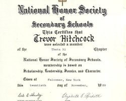 National Honor Society certificate, November 20, 1989.