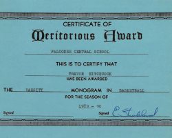 Varsity letter for basketball award, 1989-1990.