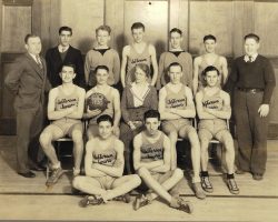 1933 Jefferson Junior High basketball team. Back row: Coach Tex Dain, Jim Griffith, Walt Prusik, Robert "Froley" Erickson, Herb Nelson, Sebastian Marino, Dan Greendahl. Middle row: Bob Loucks, Shushy Raffa, Miss Armstrong, Ereic Lundgren, Andalora. Front row: unknown, Skippy Schifano.