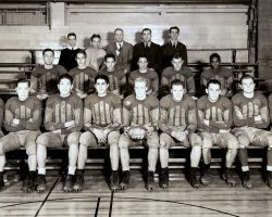 1935 Jamestown High School football team. Robert Erickson is in the middle row, second from right. Sam Hammerstrom is in front row with ball.