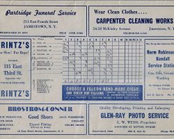 Scorecard from a 1944 Jamestown Falcons game in which Nellie, #11, led off and played centerfield. He got three hits in the game. 1944 scorecard