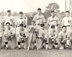 1945 Jamestown Steel Partition Bombers. BACK ROW: Ralph Mee, Chan Wolfe, Kenny Vance, William Baker, Kenny "Murph" Johnson, Phil Newton, Lou Brown FRONT ROW: Roger DuBois, Ralph Bradigan, Les James, Harold "Lefty" Pratt, Rick Brown (batboy), Joe Nagle (manager), Jimmy Rodgers, Warren Mee, Don Nagle, Leo Squinn.