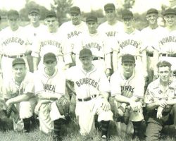 1947 Jamestown Steel Partition Bombers. BACK ROW: Laurie LaJohn, Les James, Lefty Pratt, Elly Norton, Frank Walker, Lou Brown MIDDLE ROW: Bob Fredo, Dick Ressler, Rog DuBois, Joe Bender, Don Nagle, Bob Brown FRONT ROW: Ralph Mee, Warren Mee, Les Town, Joe Nagle, Bob Bender, Ralph Mallare (business manager).